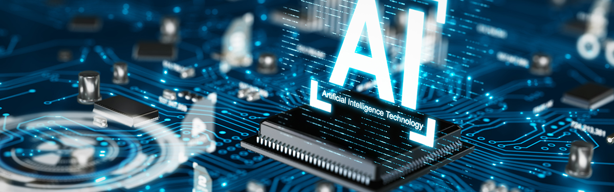 central processor unit with 3D render of words 'AI artificial intelligence technology'